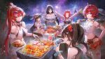  6+girls aerial_fireworks alternate_costume aqua_eyes baizhi_(wuthering_waves) bangs_pinned_back bare_shoulders black_eyes black_hair braid breasts brown_hair camera chixia_(wuthering_waves) chyoel circle_facial_mark closed_mouth commentary_request cooking criss-cross_halter cup danjin_(wuthering_waves) denim denim_shorts drinking_glass eyewear_on_head fireworks flower food glasses grill grilling grin hair_between_eyes hair_flower hair_ornament halterneck hand_on_own_hip hat holding holding_camera holding_cup large_breasts lemonade long_hair looking_at_viewer low_twin_braids mark_under_both_eyes multiple_girls night night_sky off-shoulder_shirt off_shoulder official_art one_eye_closed outdoors parted_bangs ponytail purple_eyes red_eyes red_flower red_hair red_skirt shirt short_hair shorts skirt sky smile steak sunglasses taking_picture thighs twin_braids twintails very_long_hair white_hat white_shirt white_skirt wuthering_waves yangyang_(wuthering_waves) yinlin_(wuthering_waves) zhezhi_(wuthering_waves) 