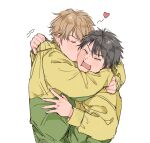  2boys black_hair brown_hair cheek_press closed_eyes clothes_grab coincoinco forced_hug forced_kiss green_jacket heart highres hug jacket kiss kissing_cheek male_focus motion_lines multicolored_jacket multiple_boys oshitari_ken&#039;ya pushing_away rectangular_mouth short_hair simple_background tennis_no_ouji-sama track_jacket two-tone_jacket upper_body v-shaped_eyebrows white_background yaoi yellow_jacket zaizen_hikaru 