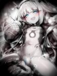  1boy 1girl blue_eyes blue_pussy breasts censored chinese_commentary colored_pussy commentary_request covered_navel cunnilingus eudie_(shadowverse) greyscale hetero highleg highleg_leotard highres kupa_(jesterwii) leotard long_hair monochrome open_mouth oral paid_reward_available pointy_ears shadowverse small_breasts spot_color teeth torn_clothes torn_leotard upper_teeth_only 