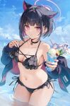  2girls ahoge alternate_costume animal_ears bikini black_bikini black_choker black_hair black_jacket blue_archive cat_ears choker colored_inner_animal_ears colored_inner_hair crazy_straw cup drinking_straw extra_ears food frilled_bikini frills halo heart heart-shaped_eyewear heart_straw highres holding holding_cup ice_cream jacket kazusa_(blue_archive) kita_(kitairoha) looking_at_viewer multicolored_hair multiple_girls ocean one-piece_swimsuit open_clothes open_jacket partially_submerged pink_hair pink_halo reisa_(blue_archive) solo_focus swimsuit two-tone_hair 