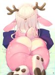  ambiguous_gender anthro antlers blurred_foreground braided_hair butt cervid crossed_legs fur hair hi_res hooves horn kemono kishibe long_hair looking_away lying mammal on_front pillow pink_body pink_fur rear_view short_stack small_tail soles solo spots star_marking thick_thighs white_body white_fur white_hair 