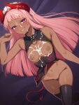  1girl arched_bangs black_thighhighs blunt_ends breasts breasts_out commission cum cum_on_body cum_on_breasts cum_on_clothes cum_on_hair dark-skinned_female dark_skin demon_girl demon_horns demon_tail highres horns long_hair navel nipples original parted_lips pink_hair purple_eyes pussy red_horns red_tail skeb_commission skindentation small_breasts solo tail thighhighs yotubeya 
