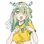  1girl 2022_fifa_world_cup :o absurdres asymmetrical_bangs braid breasts ceres_fauna clothes_writing commentary_request english_text eyebrows_hidden_by_hair gradient_hair green_hair green_shirt green_trim hair_over_one_eye hair_rings half_crown_braid hands_up headband highres hololive hololive_english horns karassawa leaf leaning_to_the_side light_blush long_eyelashes long_hair looking_at_viewer medium_breasts midriff mole mole_under_eye multicolored_hair open_mouth parted_bangs print_headband print_headwear print_shirt qilin_(mythology) raised_eyebrows raised_inner_eyebrows shirt shirt_hold short_sleeves simple_background single_braid single_hair_ring single_sidelock solo streaked_hair striped_blush t-shirt teeth tented_shirt thick_eyelashes tied_shirt tree_horns two-tone_shirt upper_body upper_teeth_only wavy_hair white_background white_headband wide-eyed world_cup yellow_eyes yellow_shirt 