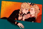  2boys absurdres aqua_eyes black_jacket black_shirt blonde_hair blush book braid cleavage_cutout clothing_cutout earrings eye_contact food-themed_earrings giorno_giovanna highres holding holding_book jacket jewelry jojo_no_kimyou_na_bouken ladybug_ornament long_hair looking_at_another male_focus medium_hair multiple_boys okokoro_zaiku pannacotta_fugo parted_lips red_eyes shirt sleeves_past_wrists strawberry_earrings vento_aureo victory_rolls 
