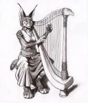  0laffson 2020 4_toes 5_fingers anthro breasts caracal caracal_(genus) felid feline female fingers fur harp hi_res mammal musical_instrument playing_music plucked_string_instrument simple_background sitting solo string_instrument toes traditional_media_(artwork) white_background 