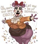 4_fingers animatronic bear big_breasts black_eyebrows black_eyes black_eyeshadow black_nose blush blush_stickers bottomwear breasts buckteeth clothed clothing countershading crossgender english_text eyebrows eyeshadow female fingers five_nights_at_freddy&#039;s five_nights_at_freddy&#039;s:_secret_of_the_mimic fur gem hi_res huge_thighs jewelry kryadrawgin lips lipstick machine makeup mammal missing_tooth mr._helpful_(fnaf) necklace orange_clothing overweight overweight_female pearl_(gem) pearl_necklace pink_inner_ear pink_lipstick pink_tongue purple_body purple_ears purple_fur purple_tail robot rosy_cheeks scottgames scut_tail short_tail skirt solo tail teeth text thick_bottom_lip thick_thighs tongue white_body white_countershading