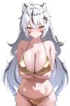  1girl 3: ahoge animal_ears arms_under_breasts bare_shoulders bikini blush breasts cleavage closed_mouth commentary_request commission corrupted_twitter_file cowboy_shot crossed_arms embarrassed facial_mark gamtoryy gold_bikini highres korean_commentary large_breasts long_hair looking_at_viewer mixed-language_commentary multicolored_hair navel original simple_background solo stomach streaked_hair string_bikini sweat swimsuit v-s very_long_hair white_background white_hair yellow_eyes 