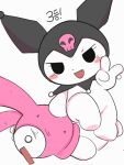 2022 32up 3:4 anthro black_clothing black_eyes black_headgear black_headwear black_hood blush blush_stickers bodily_fluids clothing cute_fangs demon digital_drawing_(artwork) digital_media_(artwork) duo fangs female female/female female_anthro flower flower_accessory fur gesture hand_gesture headgear headwear hi_res kuromi lagomorph leporid looking_at_viewer lying mammal my_melody on_front onegai_my_melody open_mouth open_smile pink_blush pink_clothing pink_headgear pink_headwear pink_hood plant print_clothing print_headgear print_headwear print_hood purple_nose rabbit sanrio shaded simple_background simple_shading sitting sitting_on_another skull_print small_nose smile surprised surprised_expression surprised_eyes surprised_face surprised_look sweat teeth v_sign white_background white_body white_eyes white_flower white_fur
