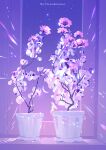  1girl artist_name barefoot branch cherry_blossoms clear_sky crescent_moon dark_skin dress english_text flower from_side gradient_sky highres huhv. indoors light_particles long_hair moon night night_sky original petals pink_flower plant potted_plant purple_background purple_flower purple_sky purple_theme scenery shadow sitting sky sleeveless sleeveless_dress solo sparkle star_(sky) starry_sky tree white_dress white_flower white_hair wide_shot window 