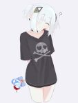  1girl ? ^_^ absurdres alternate_costume arms_behind_back black_shirt blood blood_on_face blush breasts cevio choker closed_eyes closed_mouth collarbone cropped_legs ear_piercing eyepatch facing_viewer from_side hair_ornament head_tilt heart_wand highres holding holding_wand kafu_(cevio) medical_eyepatch piercing saka_(sa_ka) shirt short_hair short_twintails simple_background small_breasts smile solo twintails wand white_hair 
