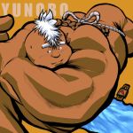  1:1 2019 belly bigdudeart breath_of_the_wild brown_body butt goron hi_res humanoid lying male musclegut muscular muscular_humanoid muscular_male nintendo simple_background solo text the_legend_of_zelda video_games yunobo 