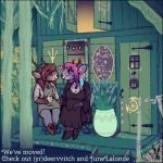  &lt;3 1:1 2018 anthro antlers biped breasts brown_hair building cervid chair clothed clothing cup deervvitch detailed_background doe_(deervvitch) door duo ear_piercing facial_piercing female footwear fully_clothed furniture hair hat headgear headwear hi_res horn house mammal nose_piercing outside piercing plant purple_hair septum_piercing shoes sitting trans_(lore) tree 