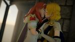  2girls 3d armor badge black_gloves blonde_hair blue_sash braid cape castle celica_(fire_emblem) circlet closed_eyes corset dress elbow_gloves exaltedbrand fingerless_gloves fire_emblem fire_emblem_echoes:_shadows_of_valentia fire_emblem_warriors gloves groping highres jewelry kiss lianna_(fire_emblem) long_hair multiple_girls princess red_hair sash short_hair tiara white_armor white_dress white_gloves yuri 