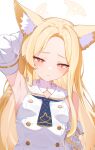  1girl absurdres animal_ear_fluff animal_ears armpit_focus armpits blonde_hair blue_archive breasts bright_pupils closed_mouth commentary detached_sleeves dress extra_ears fox_ears fox_girl halo highres long_hair presenting_armpit red_eyes sailor_collar sailor_dress seia_(blue_archive) simple_background sleeveless sleeveless_dress small_breasts solo sweaty_armpits ukiii upper_body white_background white_dress white_pupils white_sailor_collar white_sleeves yellow_halo 