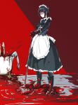  1girl apron black_boots black_hair blood boots idolmaster idolmaster_cinderella_girls idolmaster_cinderella_girls_starlight_stage maid_apron osakana_(denpa_yun&#039;yun) purple_eyes shirayuki_chiyo short_hair standing 