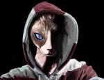 2014 anthro blue_sclera brown_body bust_portrait domestic_cat felid feline felis hairless hairless_cat hood male mammal naircat painting portrait realistic solo sphynx_(cat) tan_body two_tone_hoodie