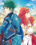  1boy 1girl alm_(fire_emblem) armor back-to-back blue_armor breastplate cape celica_(fire_emblem) choker couple dress earrings faithoala fire_emblem fire_emblem_echoes:_shadows_of_valentia green_eyes green_hair hetero jewelry long_hair prince princess red_eyes red_hair shield short_hair tiara white_armor white_dress 