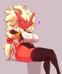 2025 absurd_res accessory anthro big_breasts big_butt biped blaziken blonde_hair blue_eyes bottomwear breasts butt choker clothed clothing female generation_3_pokemon hair hair_accessory hair_tie hi_res huge_breasts huge_hips jewelry legwear long_hair necklace necktie nintendo nipple_outline pigtails pokemon pokemon_(species) question_mark rabiosin raised_bottomwear raised_clothing raised_skirt red_body shirt short_tail simple_background sitting skirt small_waist solo tail thick_thighs thigh_highs tight_clothing tight_shirt tight_topwear topwear wide_hips yellow_sclera