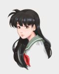  1girl absurdres artist_name black_hair brown_eyes clivenzu green_sailor_collar highres higurashi_kagome inuyasha long_hair looking_at_viewer neckerchief red_neckwear sailor_collar school_uniform serafuku shirt simple_background smile solo white_background white_shirt 