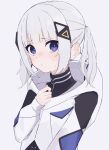  1girl absurdres alternate_hairstyle black_shirt blue_eyes blue_hair blush cevio closed_mouth coat furrowed_brow hair_ornament hand_on_own_chest highres hood hooded_coat kafu_(cevio) long_sleeves looking_at_viewer saka_(sa_ka) shirt short_hair sidelocks simple_background sleeves_past_wrists solo sweatdrop turtleneck twintails upper_body white_coat 