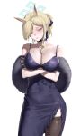  1girl absurdres alternate_costume alternate_hairstyle animal_ear_fluff animal_ears arms_under_breasts bare_shoulders black_thighhighs blonde_hair blue_archive blue_eyes blush chojja choker crossed_arms dog_ears dog_girl dress fur_shawl hair_over_one_eye hair_ribbon highres kanna_(blue_archive) looking_at_viewer parted_lips ponytail purple_choker purple_dress purple_ribbon ribbon shawl single_sidelock solo thighhighs 