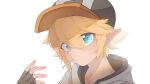  1boy aotu_world artist_name baseball_cap black_gloves black_hat blonde_hair blue_eyes blush candy chinese_commentary fingerless_gloves food gloves hair_between_eyes hand_up hat highres hood hood_down hoodie king_(aotu_world) lollipop lollipop_in_mouth looking_at_viewer male_focus mouth_hold multicolored_hat pijitaidi pointy_ears portrait short_hair simple_background solo white_background white_hoodie 