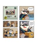 2020 absurd_res anthro belly bonasiah box canid canine chibi clothing comic deebo_(zoohomme) english_text eyes_closed felid feline fur grey_body grey_fur group hi_res kemono kura_(zoohomme) male mammal overweight overweight_male procyonid quanjiang raccoon ratye_(zoohomme) rocco_(zoohomme) shirt text topwear woopu_(zoohomme) zoohomme 