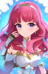  1girl armor aura blue_aura blue_eyes breastplate breasts cape celica_(emblem)_(fire_emblem) celica_(fire_emblem) choker cleavage dress earrings ell_0314 fingerless_gloves fire_emblem fire_emblem_echoes:_shadows_of_valentia fire_emblem_engage gloves highres jewelry long_hair medium_breasts princess purple_eyes red_hair tiara white_armor white_dress 