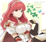  1girl armor black_skirt black_thighhighs breastplate bug butterfly cape celica_(fire_emblem) choker clover dress earrings fingerless_gloves fire_emblem fire_emblem_echoes:_shadows_of_valentia gloves highres jewelry kiriya_(552260) long_hair orange_hair princess red_eyes red_hair skirt solo thighhighs tiara white_armor white_dress 