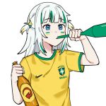  1girl 2022_fifa_world_cup absurdres alcohol arm_up blonde_hair blonde_streaks blue_eyes blunt_bangs bottle clothes_writing commentary drinking eyebrows_hidden_by_hair facepaint flat_chest gawr_gura green_hair green_shirt green_streaks green_trim hair_flaps hair_intakes hair_ornament hand_up highres holding holding_bottle hololive hololive_english karassawa long_hair long_sidelocks multicolored_hair nike_(company) print_shirt raised_eyebrows raised_inner_eyebrows shirt short_sleeves sidelocks simple_background soccer_uniform solo sportswear streaked_hair t-shirt thick_eyelashes two-tone_shirt two_side_up white_background white_hair world_cup yellow_shirt 
