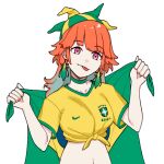  1girl 2022_fifa_world_cup :3 absurdres alternate_costume blanket blunt_bangs breasts choker closed_mouth clothes_writing collarbone colored_inner_hair commentary eyebrows_hidden_by_hair feathers gradient_hair green_blanket green_choker green_feathers green_hat green_shirt green_trim hair_flaps hands_up hat head_tilt highres holding holding_blanket holding_cloth hololive hololive_english jester_cap karassawa long_eyelashes long_hair looking_at_viewer medium_breasts midriff multicolored_hair navel nike_(company) orange_hair pink_eyes print_shirt raised_eyebrows shirt short_sleeves sidelocks simple_background smile soccer_uniform solo sportswear straight-on swept_bangs symbol-only_commentary t-shirt takanashi_kiara thick_eyelashes tied_shirt tilted_headwear tongue tongue_out two-tone_hat two-tone_shirt upper_body virtual_youtuber w_arms white_background white_hair wide_hips world_cup yellow_hat yellow_shirt 