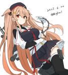  1girl absurdres adapted_turret asymmetrical_clothes beret bigkwl black_ribbon black_serafuku blush breasts brown_eyes brown_hair cannon chain dated hair_between_eyes hair_flaps hair_ornament hair_ribbon hairclip hat heterochromia highres kantai_collection large_breasts long_hair looking_at_viewer machinery murasame_(kancolle) murasame_kai_ni_(kancolle) neckerchief partial_bodysuit red_eyes red_neckerchief ribbon rigging school_uniform serafuku ship_turret smile smokestack solo torpedo_launcher torpedo_tubes twitter_username two_side_up 