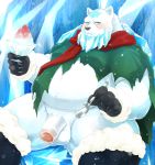  2020 anthro balls belly blush demi_polar_bear flaccid food fur genitals hi_res humanoid_genitalia humanoid_hands humanoid_penis ice kemono kumao male mammal overweight overweight_anthro overweight_male penis polar_bear scarf sleepy_princess_in_the_demon_castle solo ursid ursine white_body white_fur 