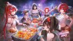  6+girls aerial_fireworks alternate_costume aqua_eyes baizhi_(wuthering_waves) bangs_pinned_back bare_shoulders black_eyes black_hair braid breasts brown_hair camera chixia_(wuthering_waves) chyoel circle_facial_mark closed_mouth commentary cooking criss-cross_halter cup danjin_(wuthering_waves) denim denim_shorts drinking_glass english_commentary eyewear_on_head fireworks flower food glasses grill grilling grin hair_between_eyes hair_flower hair_ornament halterneck hand_on_own_hip hat highres holding holding_camera holding_cup large_breasts lemonade long_hair looking_at_viewer low_twin_braids mark_under_both_eyes multiple_girls night night_sky off-shoulder_shirt off_shoulder official_art one_eye_closed outdoors parted_bangs ponytail purple_eyes red_eyes red_flower red_hair red_skirt second-party_source shirt short_hair shorts skirt sky smile steak sunglasses taking_picture thighs twin_braids twintails very_long_hair white_hat white_shirt white_skirt wuthering_waves yangyang_(wuthering_waves) yinlin_(wuthering_waves) zhezhi_(wuthering_waves) 