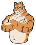 absurd_res anthro beard belly biceps big_arms claws crossed_arms daddy_kink daddyfication dillcresta domestic_cat epic_games facial_hair fangs felid feline felis fortnite fur hi_res male male/male mammal manly masculine muscular muscular_male nose oscar_(fortnite) pantherine solo teeth tiger