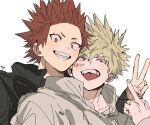  2boys bakugou_katsuki black_hoodie blonde_hair boku_no_hero_academia collared_shirt commentary_request depisx fingernails highres hood hoodie jewelry kirishima_eijiro looking_at_viewer male_focus middle_finger multiple_boys open_collar parted_bangs popped_collar red_eyes red_hair ring scar scar_on_cheek scar_on_face sharp_teeth shirt short_hair simple_background sketch sparkle spiked_hair teeth tongue tongue_out upper_body upper_teeth_only white_background white_shirt 