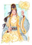  alt_text artist_name belt blood blood_on_hands blue_background border bright_pupils brown_hair chinese_clothes closed_mouth commentary dimple english_commentary facial_mark floral_print flower forehead_mark gold_border grey_hanfu grey_robe hanfu hat hawberries huadian jin_(headwear) jin_guangyao long_hair long_sleeves male_focus modao_zushi multiple_boys painting_(medium) peony_(flower) robe smile solo string tang_jin_(headwear) traditional_media upper_body watercolor_(medium) wide_sleeves yellow_flower yellow_hanfu yellow_trim yuanlingpao 