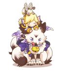  1girl argyle_clothes argyle_dress bell blonde_hair chibi chibi_only closed_eyes closed_mouth commentary_request dress fox griffin gryphon_(ragnarok_online) jingle_bell kitsune lautrec_v purple_dress ragnarok_online short_hair simple_background smile solo sorcerer_(ragnarok_online) upper_body white_background 