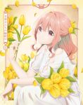  1girl amagami-san_chi_no_enmusubi amagami_yuna anime_coloring blu-ray_cover border closed_mouth commentary_request copyright_name cover dress falling_petals flower highres holding holding_flower iizuka_haruko long_hair looking_at_viewer numbered official_art outside_border petals pink_background red_eyes red_hair sidelocks sitting smile solo tulip white_dress yellow_border yellow_flower yellow_petals yellow_tulip 