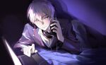  1boy ameinu cable computer computer_keyboard fushimi_gaku fushimi_gaku_(8th_costume) hair_between_eyes headphones headphones_around_neck highres jacket laptop long_sleeves looking_at_viewer lying male_focus monitor nijisanji on_stomach shirt short_hair smile solo virtual_youtuber white_hair yellow_eyes 