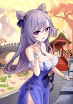  1girl :d bangs bare_shoulders bow breasts bridge cleavage dress eyebrows_visible_through_hair genshin_impact hair_between_eyes hair_bow hair_ornament hand_up highres hm_(hmongt) keqing long_hair medium_breasts open_mouth outdoors purple_bow purple_dress purple_eyes purple_hair smile solo stairs standing strapless strapless_dress tree twitter_username very_long_hair 
