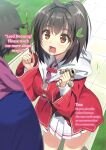  1boy 1girl ahoge back black_hair blush breasts brown_eyes buta_koushaku english_text hair_ornament hairpin holding holding_wand hooded_robe large_breasts leaning_forward long_sleeves medium_hair nauribon open_mouth outdoors ponytail red_robe robe school_uniform short_ponytail skirt smile standing thighs tina_(buta_koushaku) wand white_hood 