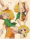  1girl animal_ears bangs blonde_hair blush bow breasts bunny_ears bunny_tail carrot_(one_piece) closed_eyes dress furry green_capelet highres multiple_views one_piece orange_dress rabbit_girl short_dress short_hair simple_background smile tail tokuura 