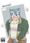  2020 absurd_res anthro black_nose blue_body blue_fur blush canid canine canis domestic_dog fur hi_res humanoid_hands kemono male mammal nekodon_san solo text white_body white_fur 