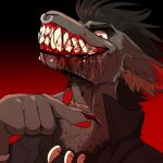 anthro black_clothing black_hair black_topwear blood blood_on_face blood_on_teeth bodily_fluids bust_portrait clothed clothing facial_piercing fur gradient_background grey_body grey_fur grin hair imperatorcaesar jewelry lip_piercing looking_at_viewer male necklace nose_piercing nose_ring piercing portrait red_eyes ring_piercing septum_piercing septum_ring simple_background smile snakebite_piercing solo topwear