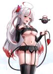  1girl ahoge black_nails black_panties black_shirt black_skirt black_thighhighs borrowed_character bow bowtie breasts butterfly_hair_ornament cowboy_shot crop_top demon_tail ear_piercing familiar garter_straps hair_ornament half_updo hand_up highleg highleg_panties highres holding_own_tail large_breasts long_hair long_sleeves looking_at_viewer microskirt midriff mole mole_under_eye multicolored_hair nail_polish navel niki_(niku_(hamuchang)) open_mouth original panties piercing pleated_skirt pointy_ears pubic_tattoo red_hair shirt simple_background skindentation skirt smile solo stomach streaked_hair string_panties suou-sensei tail tattoo thighhighs tongue tongue_out two-tone_hair underboob underwear very_long_hair white_background white_hair 