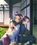  3girls bangs belt black_hair blunt_bangs blush breast_smother breasts bush butterfly_hair_ornament closed_eyes dated day face_to_breasts family full_body hair_ornament hand_on_another&#039;s_ass haori highres hug japanese_clothes kimetsu_no_yaiba kimono kochou_kanae kochou_shinobu long_hair long_sleeves multiple_girls open_mouth pants parted_bangs ponytail purple_eyes purple_hair seiza siblings sisters sitting sleeping smile sunlight tsuyuri_kanao wanashiro 