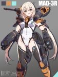  1girl absurdres aqua_eyes armor battletech black_thighhighs blonde_hair blue_eyes breasts character_name covered_navel green_eyes grey_background gun highleg highres humanization leotard long_hair looking_at_viewer low_twintails mecha_musume medium_breasts missile_pod open_mouth personification science_fiction sebunsu shoulder_cannon smile solo thighhighs twintails weapon white_leotard 