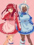  2girls ahoge alternate_costume apron aya_(project_moon) bandaid blue_apron blue_bow blue_dress blue_leg_warmers bow breasts closed_eyes dark-skinned_female dark_skin dress fang gauze gauze_over_eye grey_eyes highres holding_hands large_breasts leg_warmers limbus_company long_hair long_sleeves looking_at_viewer maid_headdress multiple_girls nantekottawo!! open_mouth pink_apron pink_background pink_bow pink_dress pink_hair pink_leg_warmers project_moon sidelocks simple_background single_leg_warmer skin_fang standing twintails upper_body white_hair yuri_(project_moon) 