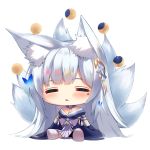  1girl =_= animal_ear_fluff animal_ears azur_lane bangs bare_shoulders blue_kimono blush breasts chibi cleavage closed_eyes commentary_request crescent_moon eyebrows_behind_hair facing_viewer fox_ears fox_girl fox_tail full_body full_moon hair_ornament japanese_clothes kimono kitsune kneehighs long_hair long_sleeves medium_breasts mole mole_under_eye moon moon_phases multiple_tails no_shoes off_shoulder parted_lips shimotsuki_shio shinano_(azur_lane) silver_hair simple_background sitting sleeves_past_fingers sleeves_past_wrists soles solo tail very_long_hair white_background white_legwear 